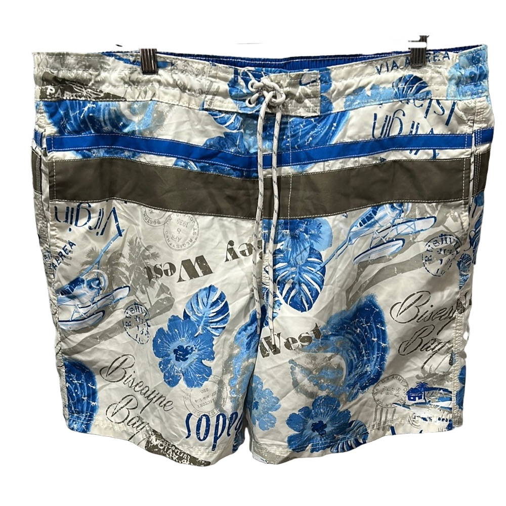 ⏰Caribbean Joe Blue and White Board Shorts Tropical Floral Design size XXL GUC